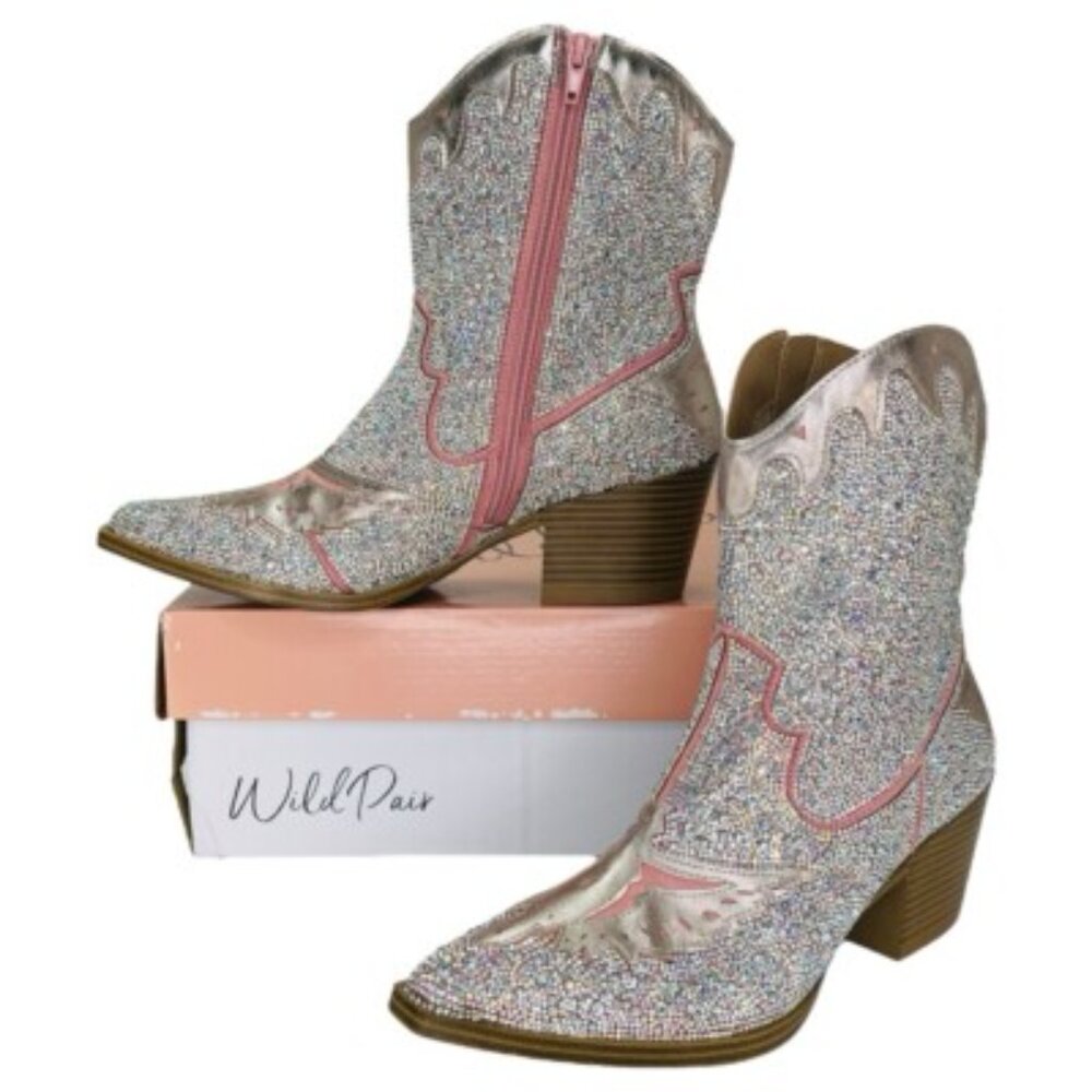 Wild Pair Lourdez Pink & Silver Rhinestone Embellished Cowboy Boots NIB sz 5.5